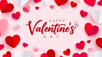 Happy Valentine's Day text with cutout paper hearts on white background.