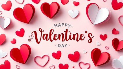 Happy Valentine's Day text with cutout paper hearts on white background.