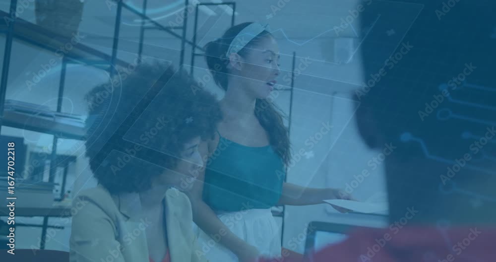 Poster seated analyst scrolling laptop screen triggers tech holographic streams updating project metrics