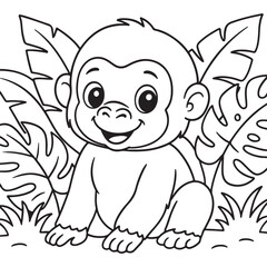 Fototapeta premium Cute Baby Monkey Cartoon Illustration Surrounded by Tropical Leaves Perfect for Childrens Coloring Books and Educational Materials with Bold Line Art Style