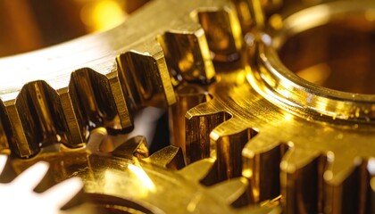 Golden Gears Interlocking with Macro Closeup of Mechanism, and Business Concept.