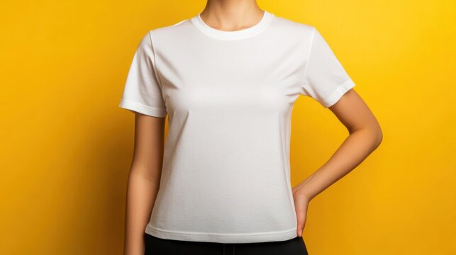 Woman in white t shirt on yellow background