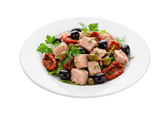 Mediterranean tuna salad on a plate on white background