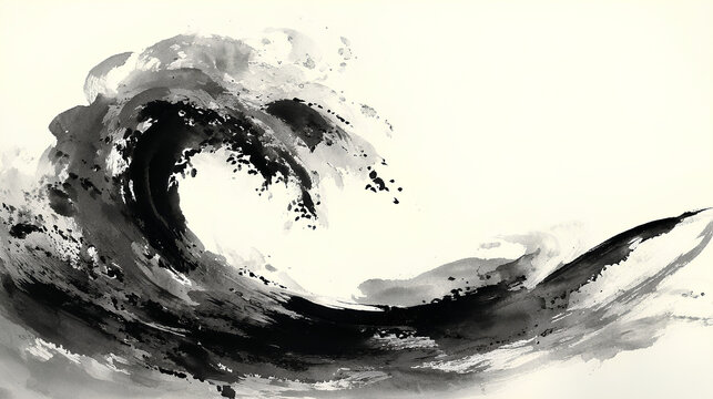 Sumi-e ink wave, traditional Japanese brush painting