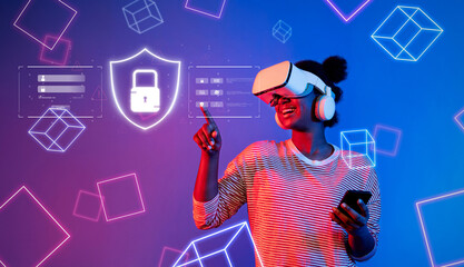 A young woman wearing a virtual reality headset interacts with a digital security interface, symbolizing the importance of data protection and privacy in a vibrant cyber environment. XDMCP