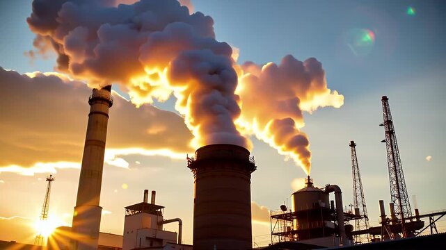 Pollution from industrial factory with smoke emissions against sunset sky, showcasing environmental concerns and energy production
