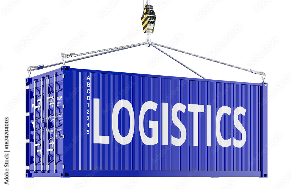 Poster logistics concept with shipping container on crane hook. 3d rendering