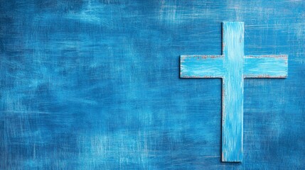 Blue wooden cross on textured background