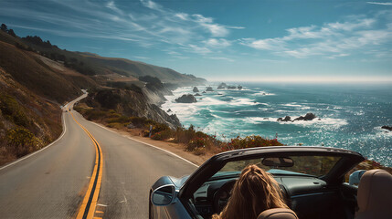 Coastal Road Trip: A woman with her blonde hair flows in the wind, cruising along a winding coastal road in a convertible.