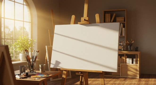 Blank Canvas on a Wooden Easel in a Peaceful, Sunlit Artist's Studio - Powered by Adobe