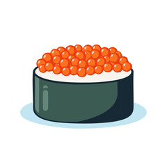 Ikura Gunkanmaki sushi with salmon roe. Japanese seafood cuisine cartoon vector illustration.