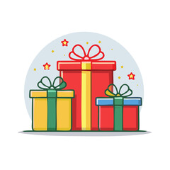 Three colorful gift boxes with ribbons and festive stars in a circular frame