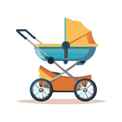 Colorful baby stroller illustration isolated. Modern design with blue, orange and yellow colors.