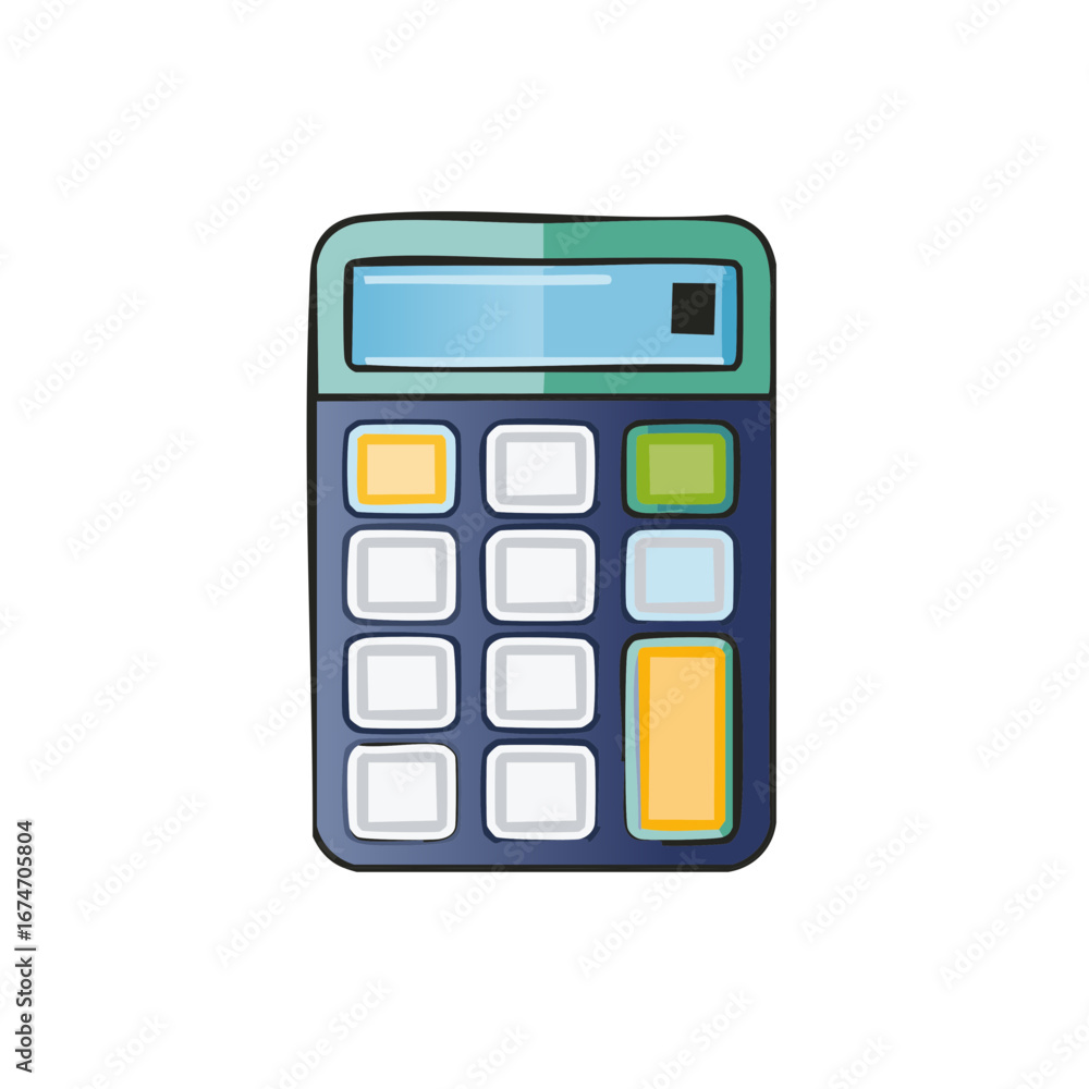Poster illustration of a calculator with colorful buttons for financial calculations