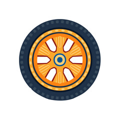Fototapeta premium Stylized orange and blue automobile wheel with dark tire tread design isolated on white