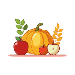 Autumn Harvest Illustration Pumpkin Apples Leaves Fall Seasonal