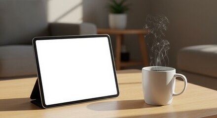 Digital Tablet Mockup with Steaming Coffee on a Wooden Table