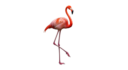 Isolated flamingo standing on one leg pink bird exotic wildlife animal tropical nature black background image on transparent background