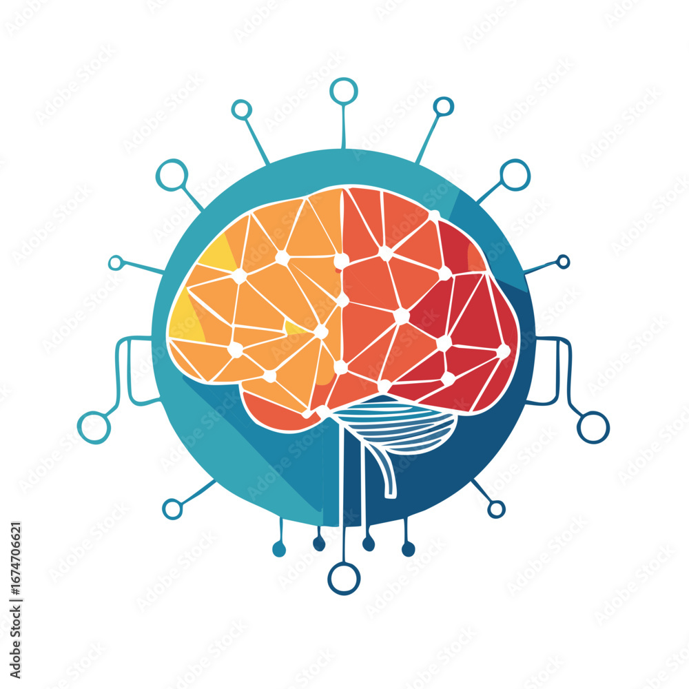 Aufkleber brain with circuit lines in circle design, science and artificial intelligence concept