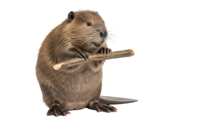 Cute beaver holding wood stick rodent animal wildlife nature brown fur isolated on black background image on transparent background