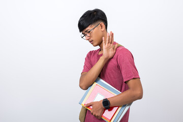Young Student making a stop gesture with hand isolated on white background.