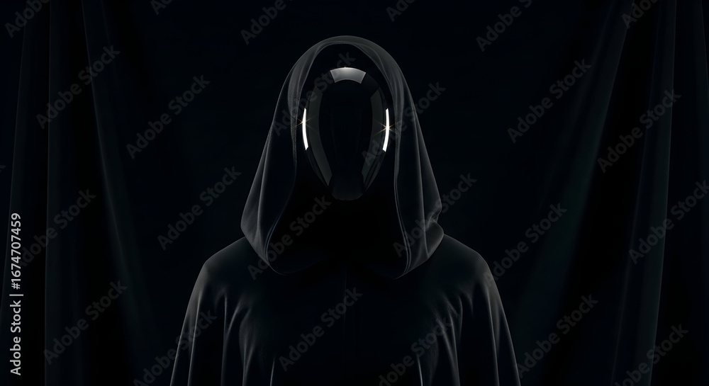 Poster mysterious figure in a dark hooded cloak with a futuristic mask standing against a black backdrop cr
