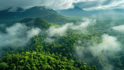 Aerial view Misty rainforest mountains, lush green canopy, cloud cover, nature background, travel poster
