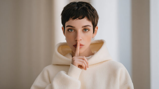 person making shushing gesture with their finger pressed against their lips urging silence