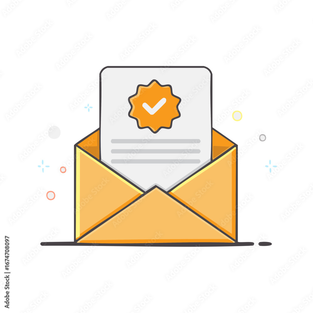 Poster illustration of an open envelope with a certified document and checkmark inside