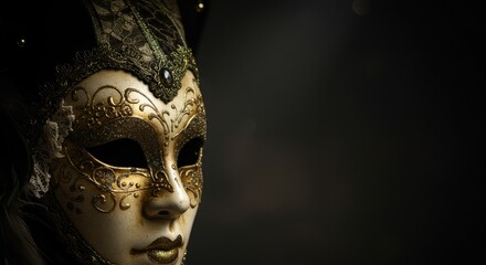 Mysterious Venetian Carnival Mask with Ornate Gold Details
