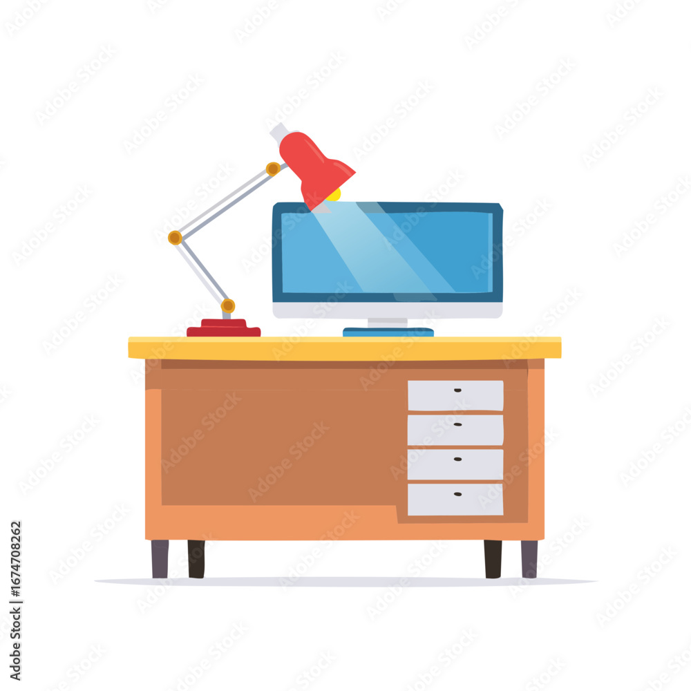 Aufkleber Modern work desk with a computer and a red lamp. Flat style illustration.