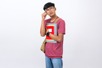 Portrait of young student thinking ideas with hand on head isolated on white background.