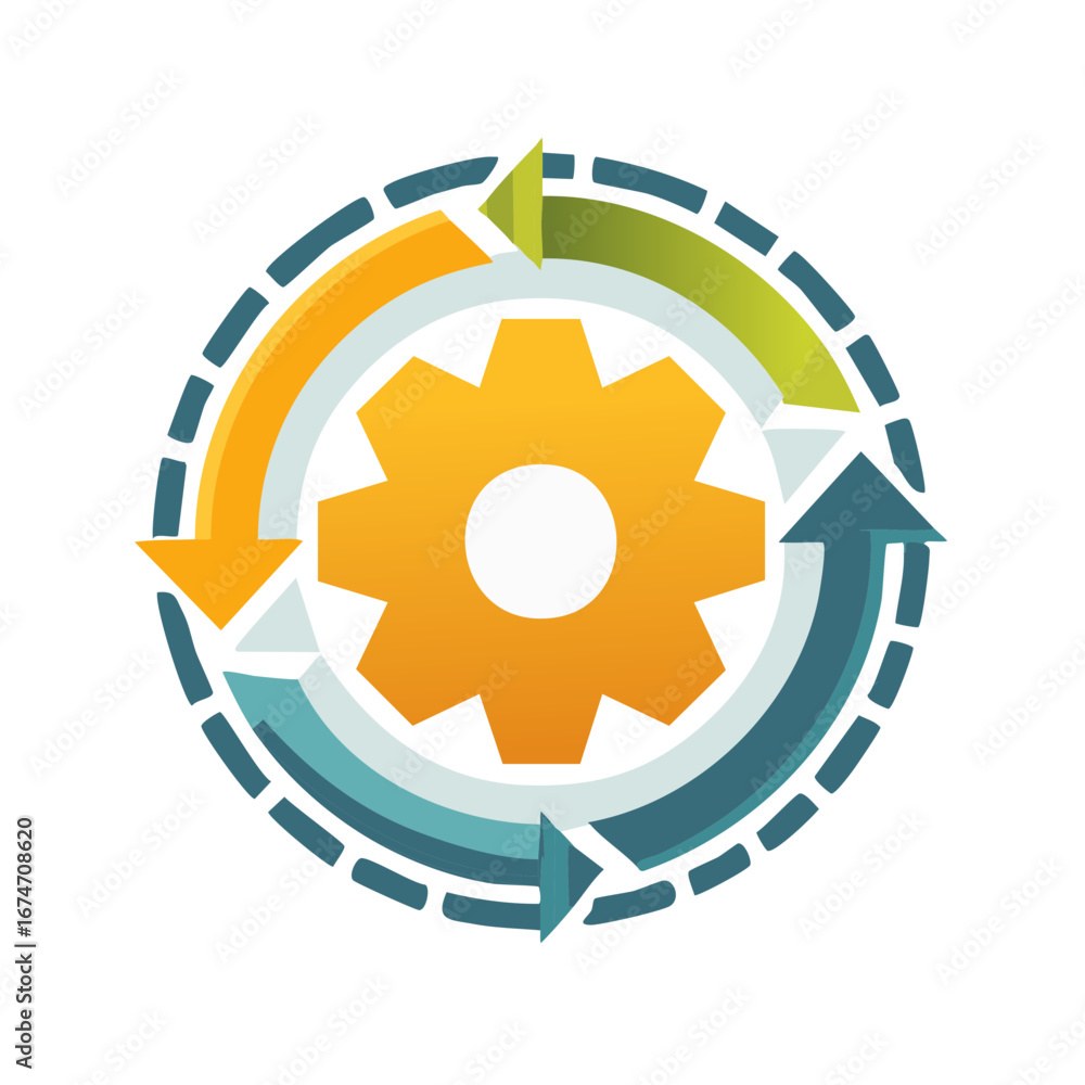 Poster abstract gear icon with colorful circular arrows representing continuous process workflow and system