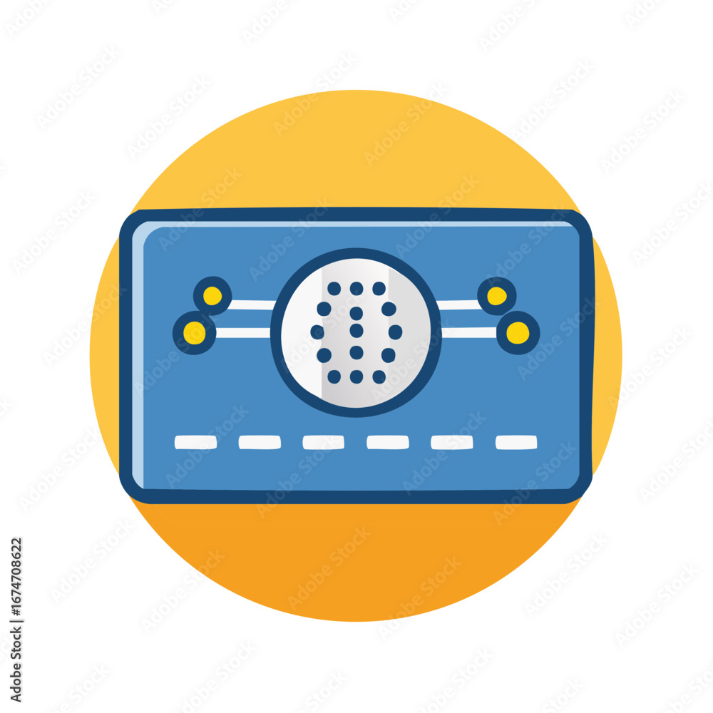 Poster digital payment card icon with embedded chip and security technology illustration