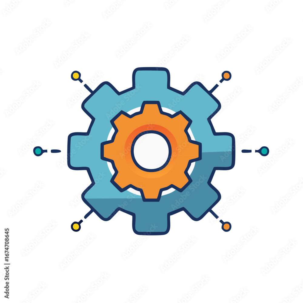 Poster blue and orange interconnected gears with data nodes representing networking and information technol