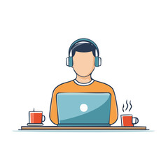 Person with headphones at laptop on desk with beverages illustration vector