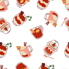 Cute Christmas cocktail in glass mug pattern. Cozy drink with whipped cream, berries, cookies. Christmas celebration drink. Holiday design for menu, recipe, clipart	