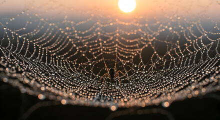 Spider web glistening with dew drops at sunrise creating a beautiful natural pattern with a spider silhouetted against the sun showcasing nature's artistry and intricate details of the web