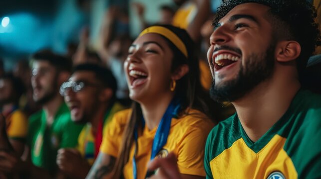 Happy diverse fans cheering at a sporting event, laughing and celebrating together.
