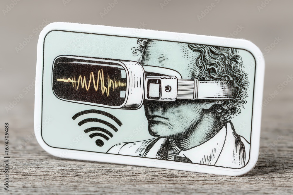 Poster innovative vision emerging from a historical figure exploring realms of digital perception using tec