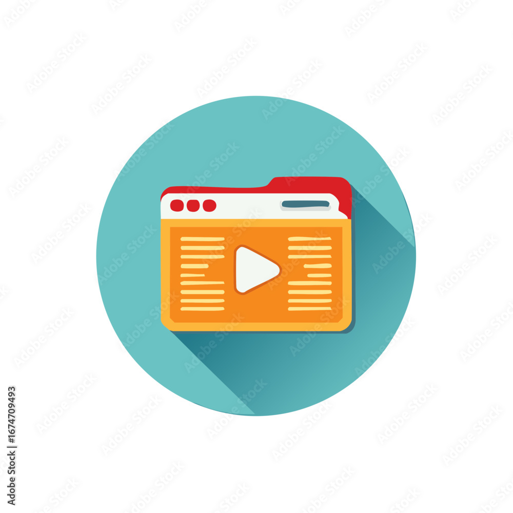 Poster online video content and streaming media player icon with a long shadow in a flat design style