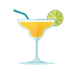 Refreshing Orange Margarita Cocktail with Lime Slice and Blue Straw Flat Vector Style Summer Drink Icon Isolated