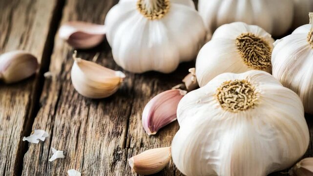 Fresh garlic bulbs and cloves on rustic wooden surface