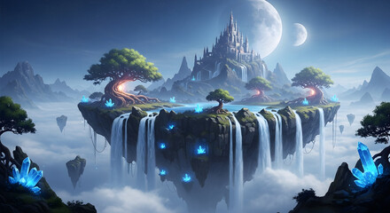 Floating island with a majestic castle waterfalls and glowing crystals under a bright moon creating a serene and magical fantasy landscape with lush trees and misty mountains in the background