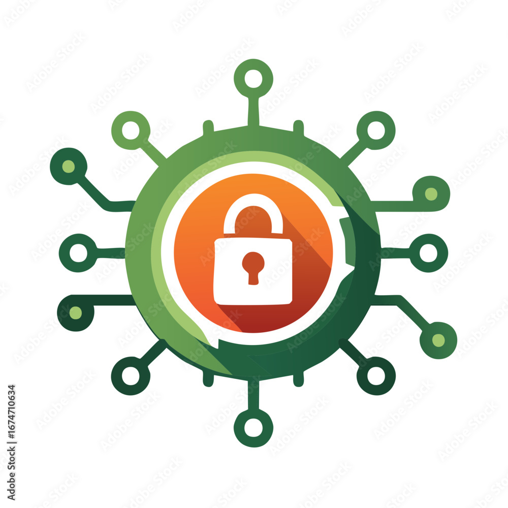 Poster cybersecurity shield icon featuring a central padlock secured by connecting circuits and network nod