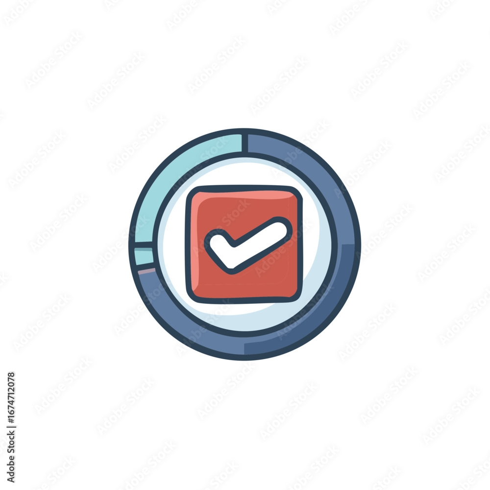 Poster successful completion graphic with white checkmark in red square and data progress ring.
