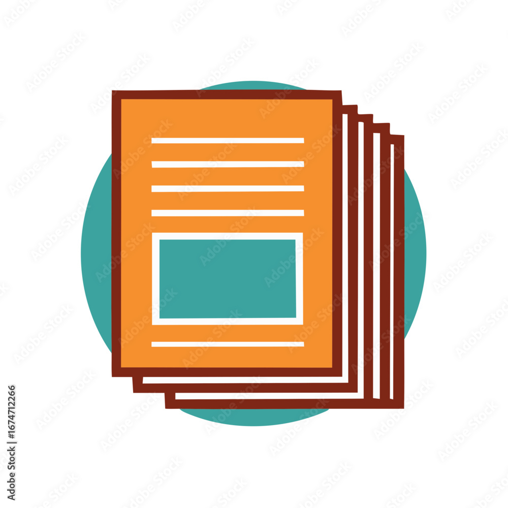 Poster stack of orange document pages with teal rectangle and dark red border