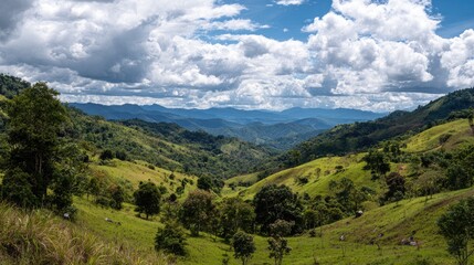 Lush green valley panorama, mountain range, daytime, cloudy sky, rural landscape, nature travel
