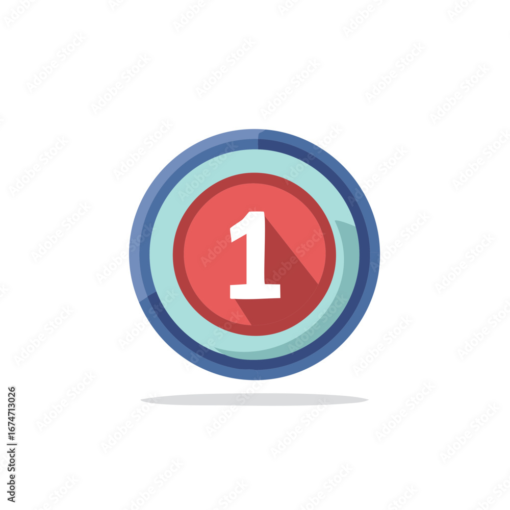 Poster vibrant red number one symbol in blue ring circular icon with modern flat design style and long shad
