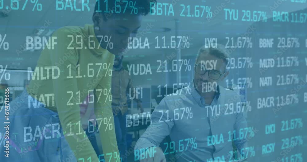 Poster analyst gesturing at monitor launching overlay while colleague typing tracking finance line graph